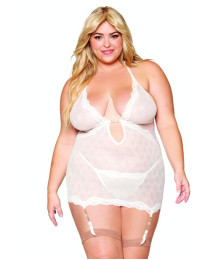 Guépière porte jarretelles blanche grande taille avec strass et string inclus - DG13313XWHT